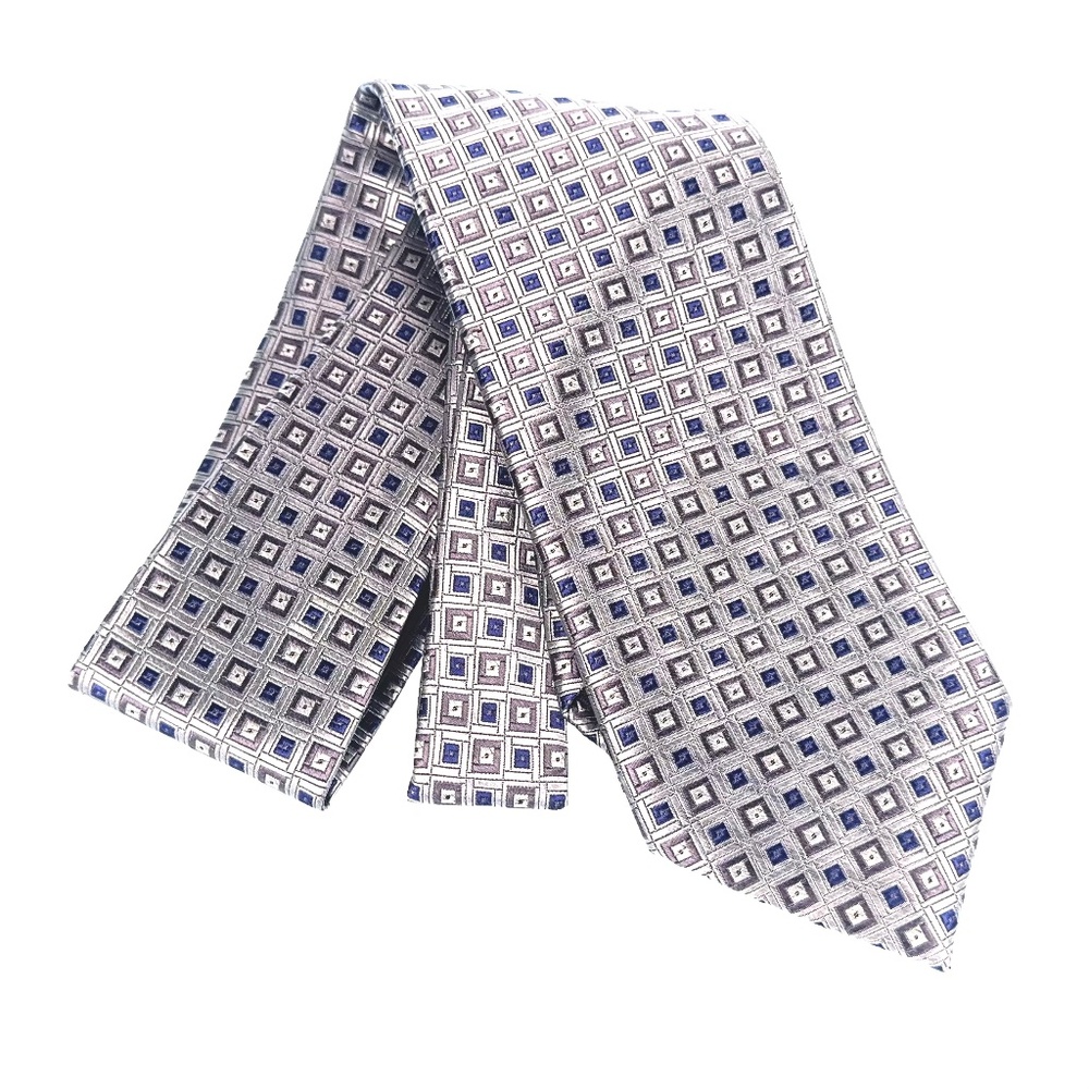 The Tie Bar Silk Tie Gray Blue Geometric Squares Classic Wide